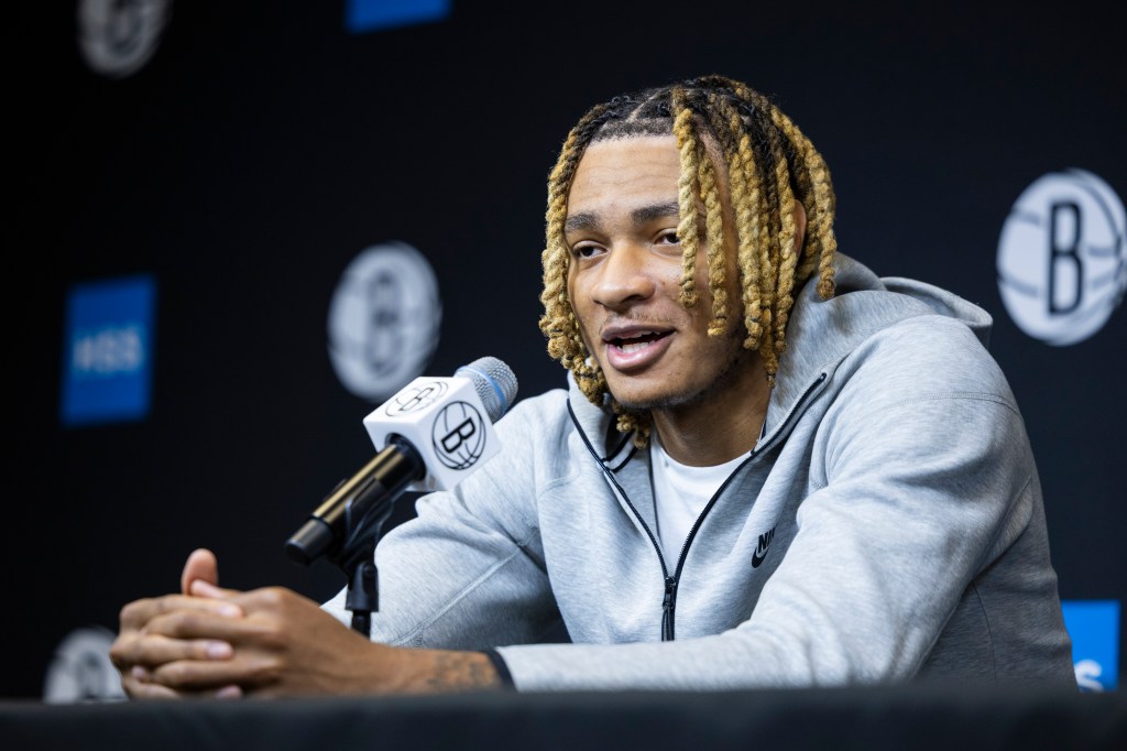 Noah Clowney speaks with the media during post season interviews at HSS Training Center, Monday, April 13, 2026, in Brooklyn, NY.