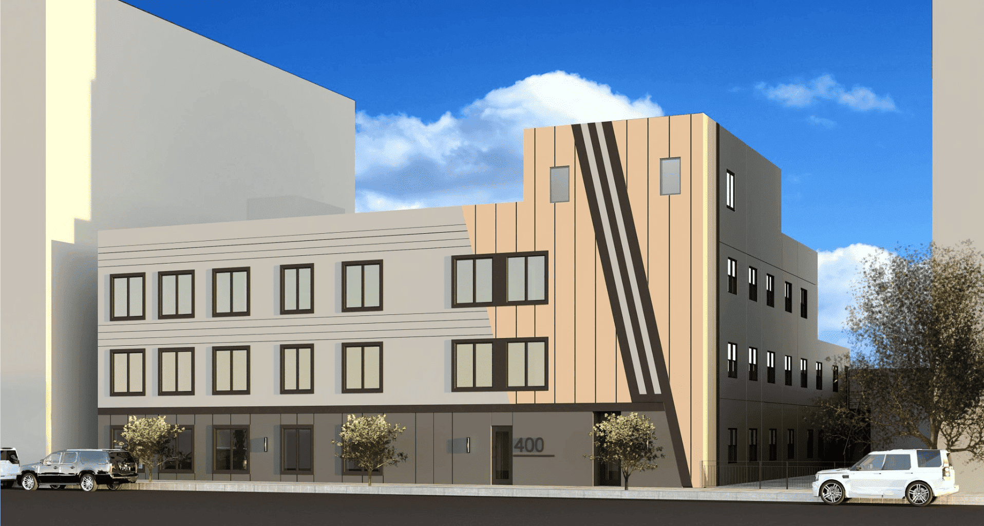 rendering of a building in shades of gray and beige