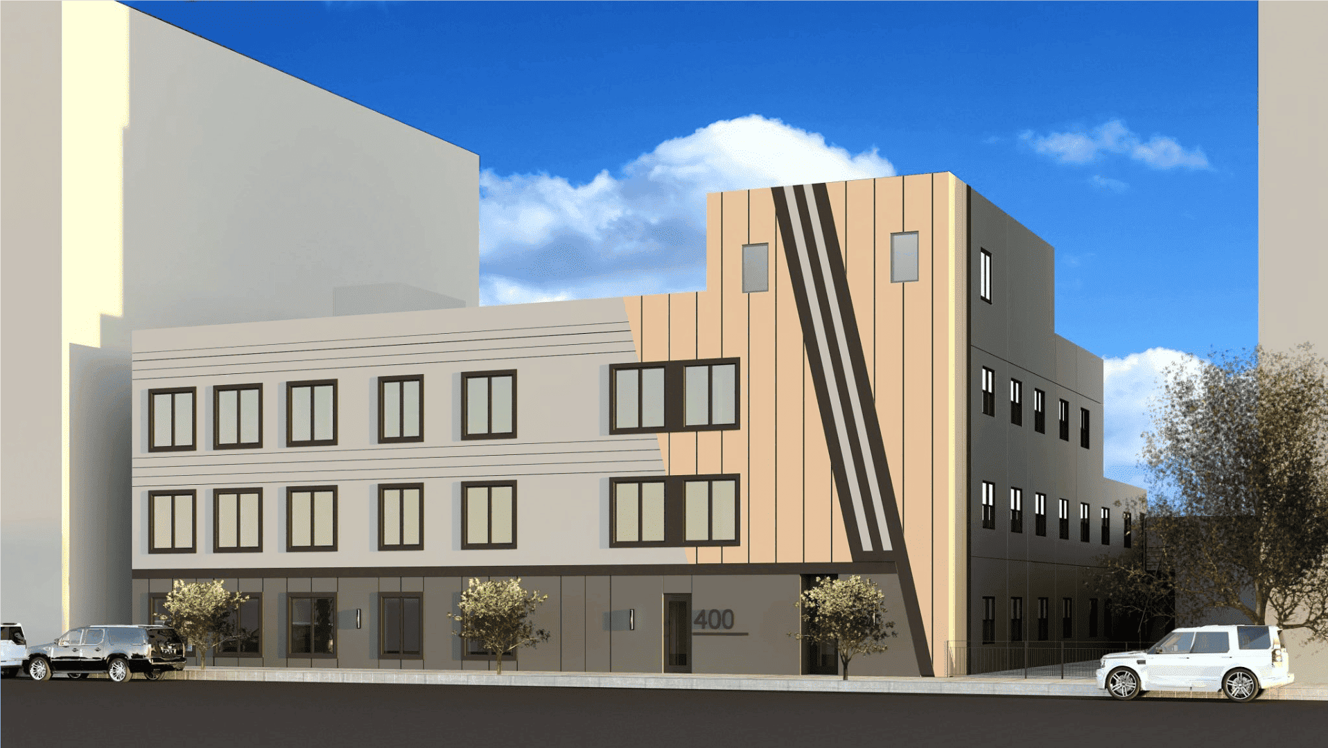 rendering of a building in shades of gray and beige