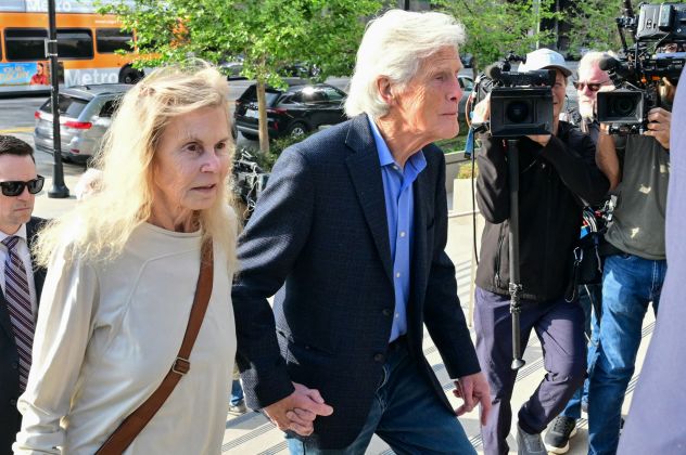 Matthew Perry's mother, Suzanne Perry (left), and Perry's stepfather Keith Morrison arrive at the federal courthouse in Los Angeles for the sentencing hearing of 