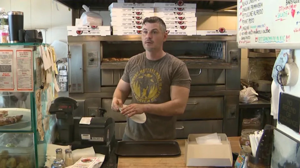 Louie Suljovic, owner of Louie’s Pizza in Queens, saved customers from a man armed with a box cutter on Wednesday, April 1, 2026. (Credit: PIX11 News)