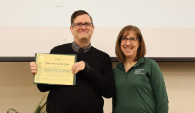 The Supervisor of the Year Award was presented to Rodney Gabel, professor in the Decker College Division of Speech and Language Pathology, by Kathie Boyce, assistant director of student employment, during the 10th annual Career Champions Breakfast.