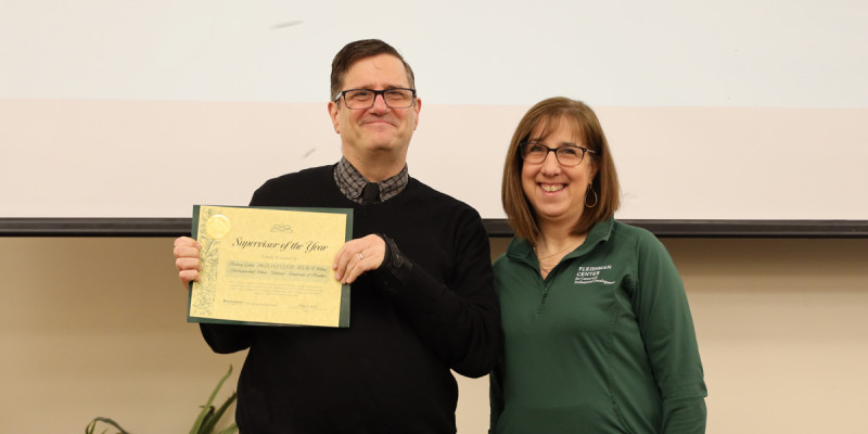 The Supervisor of the Year Award was presented to Rodney Gabel, professor in the Decker College Division of Speech and Language Pathology, by Kathie Boyce, assistant director of student employment, during the 10th annual Career Champions Breakfast.