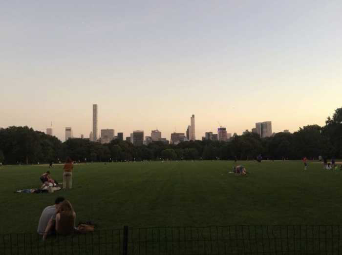 sunset over a park with buildings in the background
