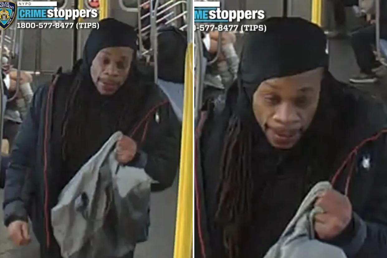 An image collage containing 2 images, Image 1 shows Still image of a man wanted in a hate crime assault, Image 2 shows Man with dreadlocks wearing a black durag and black jacket