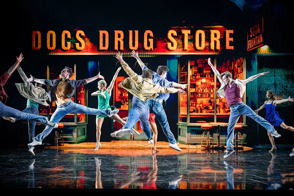 Full cast of Gotta Dance! performing on stage in New York City in a lively ensemble musical theater dance scene