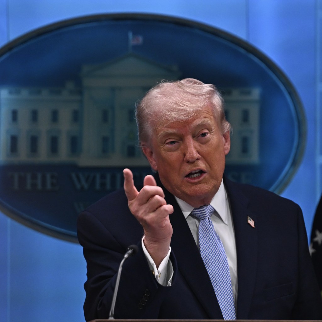 President Donald Trump holds a press conference at the White House on April 6, 2026, in Washington DC.