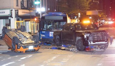 Out-of-control MTA bus plows into NYC bistro outdoor seating, overturns parked car in wild crash