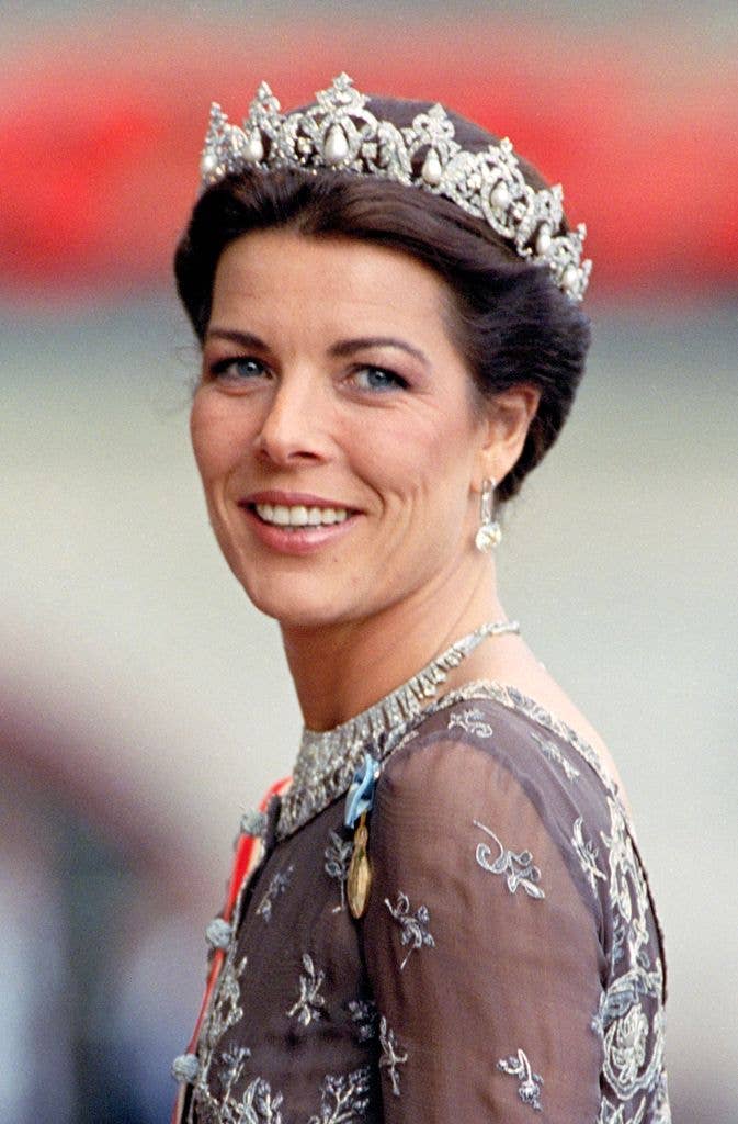 Princess Caroline wearing her pearl tiara 