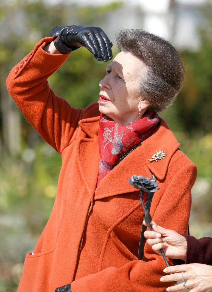 Princess Anne, Princess Royal covers her eyes from the Sun during the official opening of The Queen Elizabeth II Garden in The Regentâs Park on the 100th anniversary of her mother's birth on April 21, 2026 in London, England