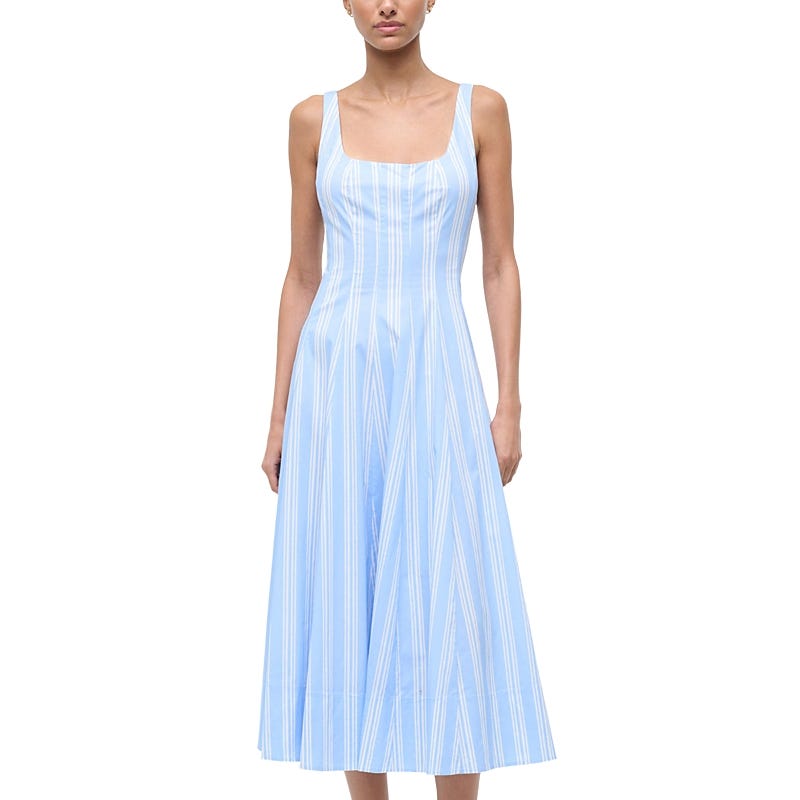 STAUD Wells Pinstripe A-Line Midi Dress in Ventura Stripe at Nordstrom, Size 14