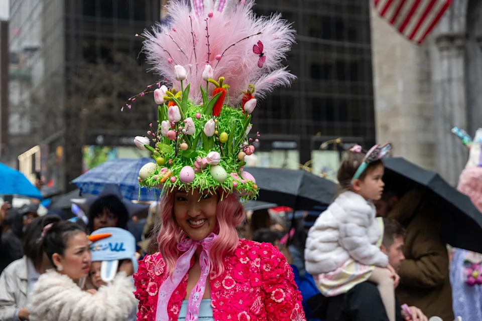 People dress in elaborate hats and costumes during the annual Easter Bonnet Parade and Festival outside of St. Patrick's Cathedral on Fifth Avenue on April 05, 2026 in New York City. (Photo by Spencer Platt/Getty Images)