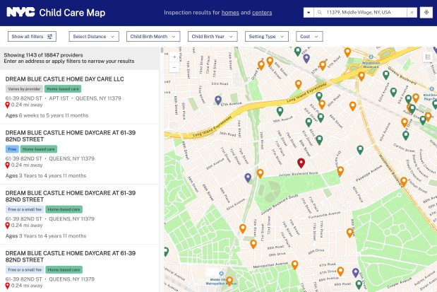 Map of daycare centers in Middle Village in Queens. 