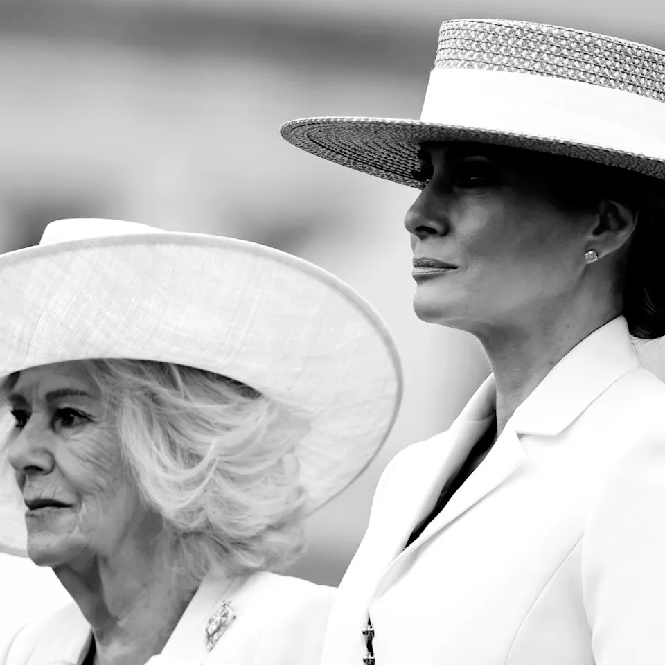  Queen Camilla and Melania Trump wearing hats and white coats. 