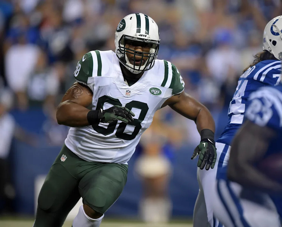 New York Jets linebacker Quinton Coples against the Indianapolis Colts at Lucas Oil Stadium.