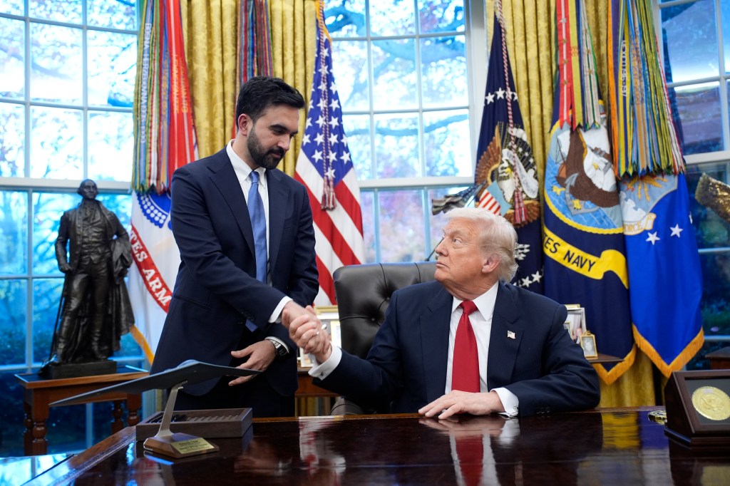 President Donald Trump shakes hands with New York City Mayor-elect Zohran Mamdani in the Oval Office.