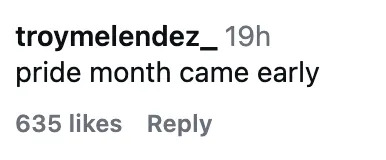 Instagram comment by troymelendez_: "pride month came early." Received 635 likes