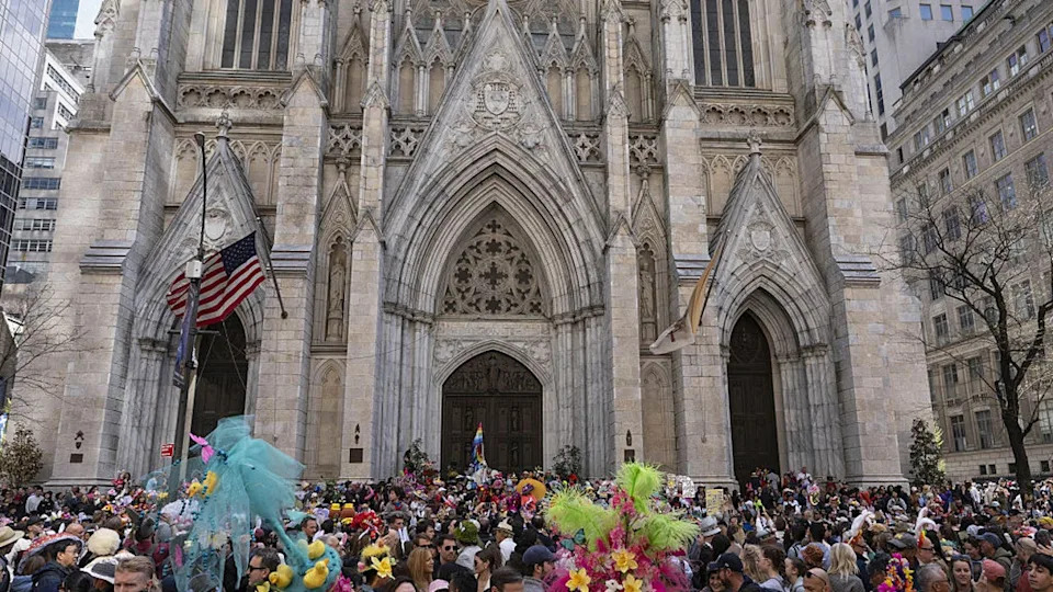 <div>NEW YORK, UNITED STATES - APRIL 20: People take part in the annual Easter Parade and Bonnet Festival outside St. Patrick's Cathedral in New York City, New York, U.S., April 20, 2025. (Photo by Mostafa Bassim/Anadolu via Getty Images)</div>