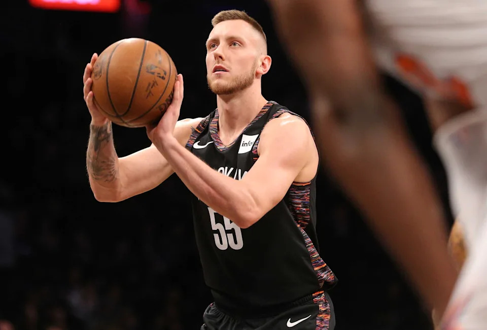 Jan 25, 2019; Brooklyn, NY, USA; Brooklyn Nets forward Mitch Creek (55) shoots a free throw in place of injured Brooklyn Nets small forward Rondae Hollis-Jefferson (not pictured) during the fourth quarter against the New York Knicks at Barclays Center. Creek made one of two for his first NBA point. Mandatory Credit: Brad Penner-USA TODAY Sports