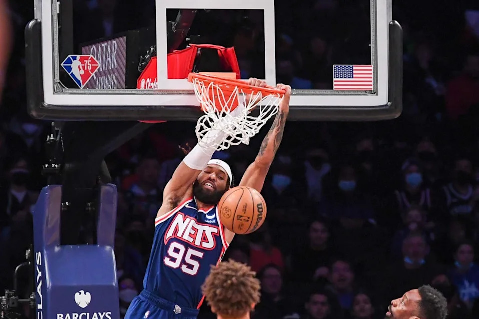 Jan 26, 2022; Brooklyn, New York, USA; Brooklyn Nets guard DeAndre' Bembry (95) dunks the ball against the Denver Nuggets during the second quarter at Barclays Center. Mandatory Credit: Dennis Schneidler-USA TODAY Sports