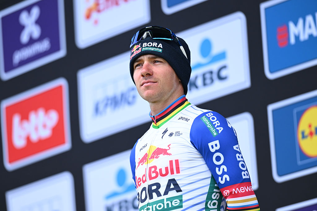 OUDENAARDE, BELGIUM - APRIL 05: Remco Evenepoel of Belgium and Team Red Bull - BORA - hansgrohe on third place poses on the podium ceremony after the 110th Tour of Flanders - Ronde van Vlaanderen 2026 - Men&amp;apos;s Elite a 278.6km one day race from Antwerp to Oudenaarde / #UCIWT / on April 05, 2026 in Oudenaarde, Belgium. (Photo by Dario Belingheri/Getty Images)
