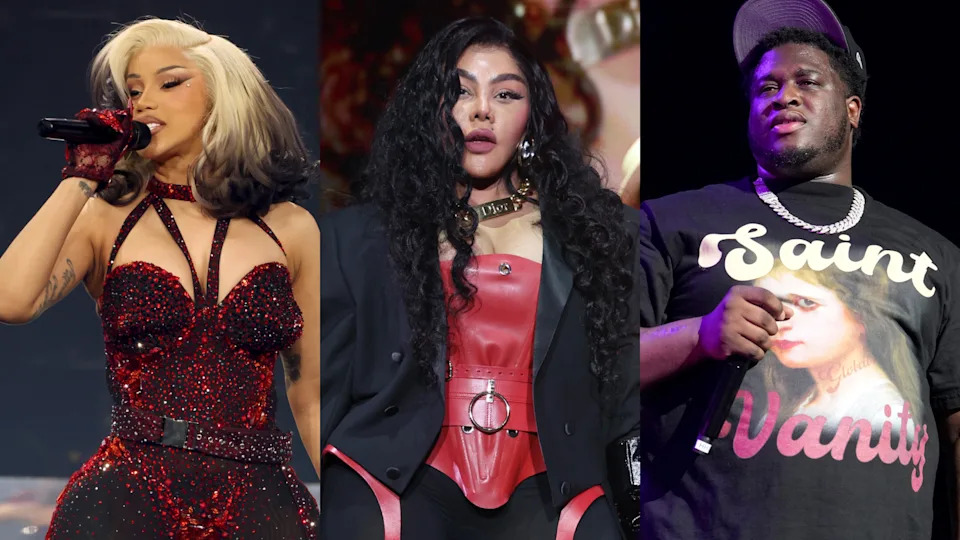 Split image. Left: Cardi B performing in a red outfit. Center: Lil' Kim in a red corset and black jacket. Right: Cash Cobain in a graphic t-shirt and cap on stage.