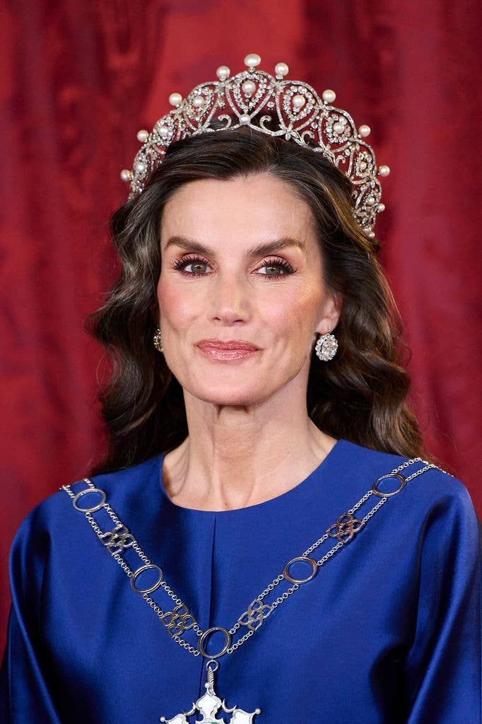 Queen Letizia in royal blue dress wearing tiara