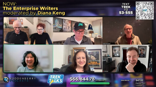 The Enterprise panel screen from Trek Talks 5 with Garfield and Judith Reeves-Stevens, Brannon Braga, Andre Bormans, moderator Diana Keng, Phyllis Strong, and Mike Sussman