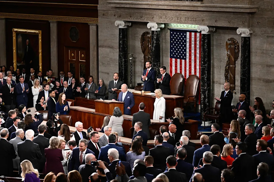 Kent Nishimura/AFP via Getty Images - PHOTO: Vice President JD Vance and Speaker of the House Mike Johnson applaud the arrival of Britain's King Charles III to speak to a Joint Meeting of Congress in the House Chamber at the US Capitol in Washington, April 28, 2026.