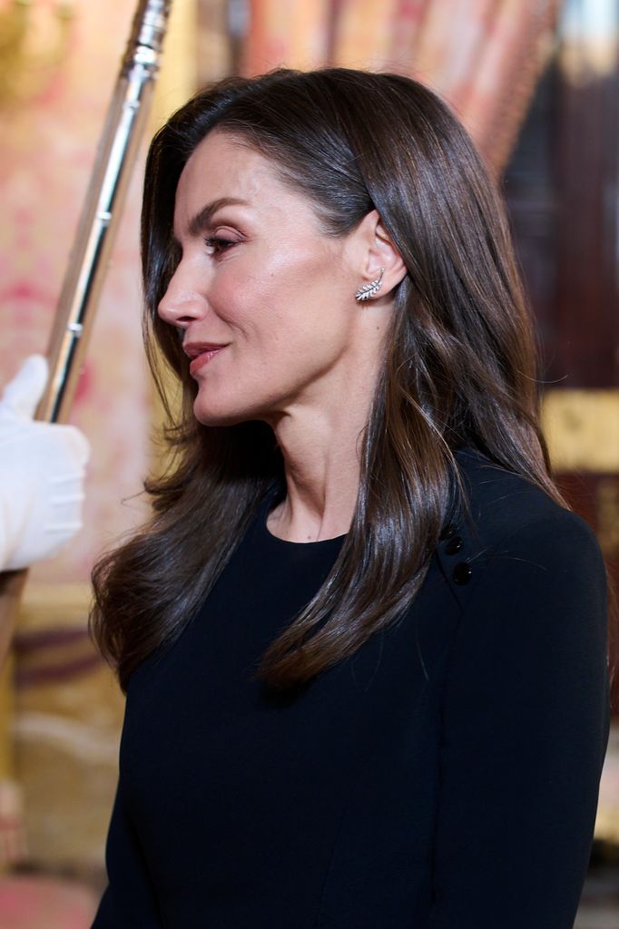 In 2025, the Queen attended the Cervantes Prize luncheon in a black Carolina Herrera midi dress, maintaining her mourning attire after paying respects to the late Pope Francis earlier that morning.