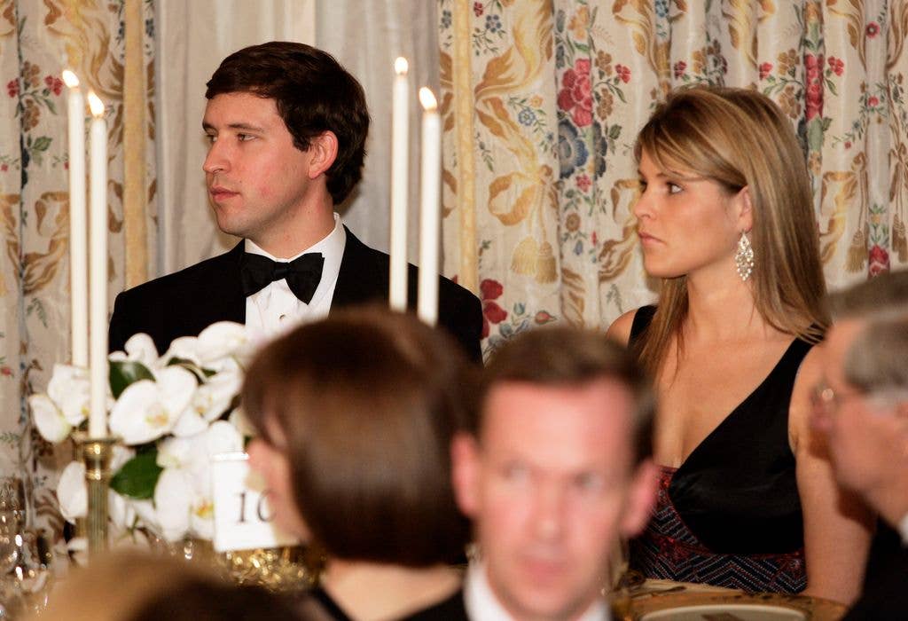 Jenna Bush, daughter of U.S. President George W. Bush, attends a dinner held for Prince Charles and his wife Camilla of the United Kingdom at the White House with her guest Henry Hager (L) House November 2, 2005 in Washington, DC. 