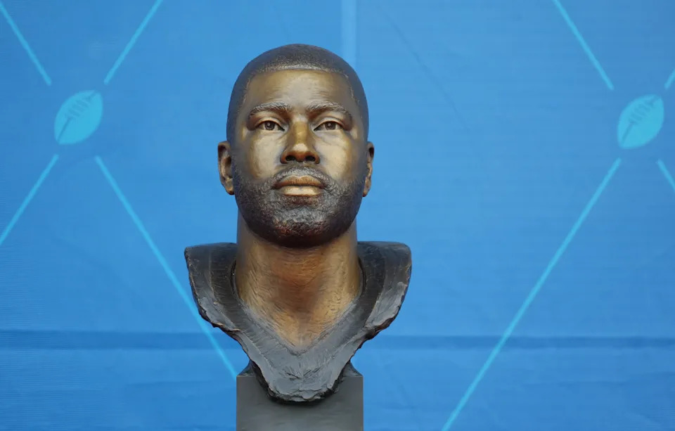 The bust of New York Jets, Tampa Bay Buccaneers, New England Patriots and Kansas City Chiefs former cornerback Darrelle Revis during the 2023 Pro Football Hall of Fame Enshrinement.