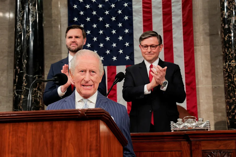 Kylie Cooper/Reuters - PHOTO: Britain's King Charles is applauded by Vice President JD Vance and House Speaker Mike Johnson as he addresses a joint meeting of Congress in the House Chamber of the U.S. Capitol in Washington, April 28, 2026.
