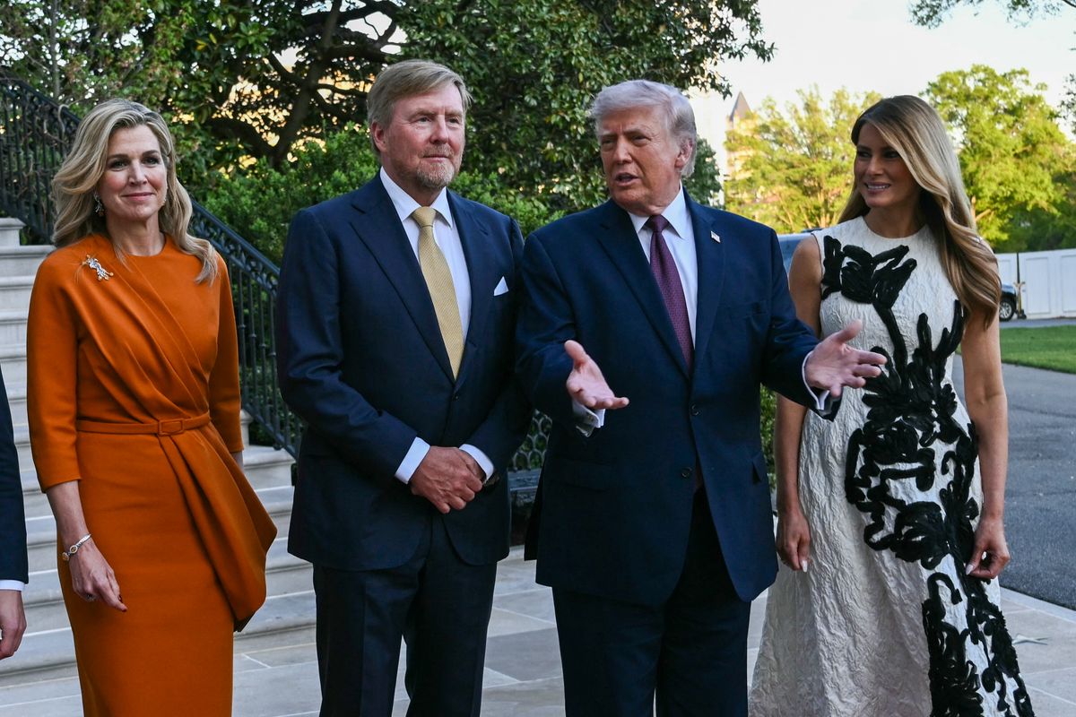 King of the Netherlands Willem-Alexander (C-L) and Queen Maxima (L) are welcomed by US President Donald Trump and First Lady Melania Trump into the White House in Washington, DC, on April 13, 2026. (Photo by Brendan SMIALOWSKI / AFP via Getty Images) 