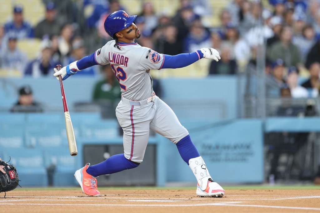 Francisco Lindor #12 of the New York Mets at bat during a game against the Los Angeles Dodgers at Dodger Stadium on April 13, 2026 in Los Angeles, California.