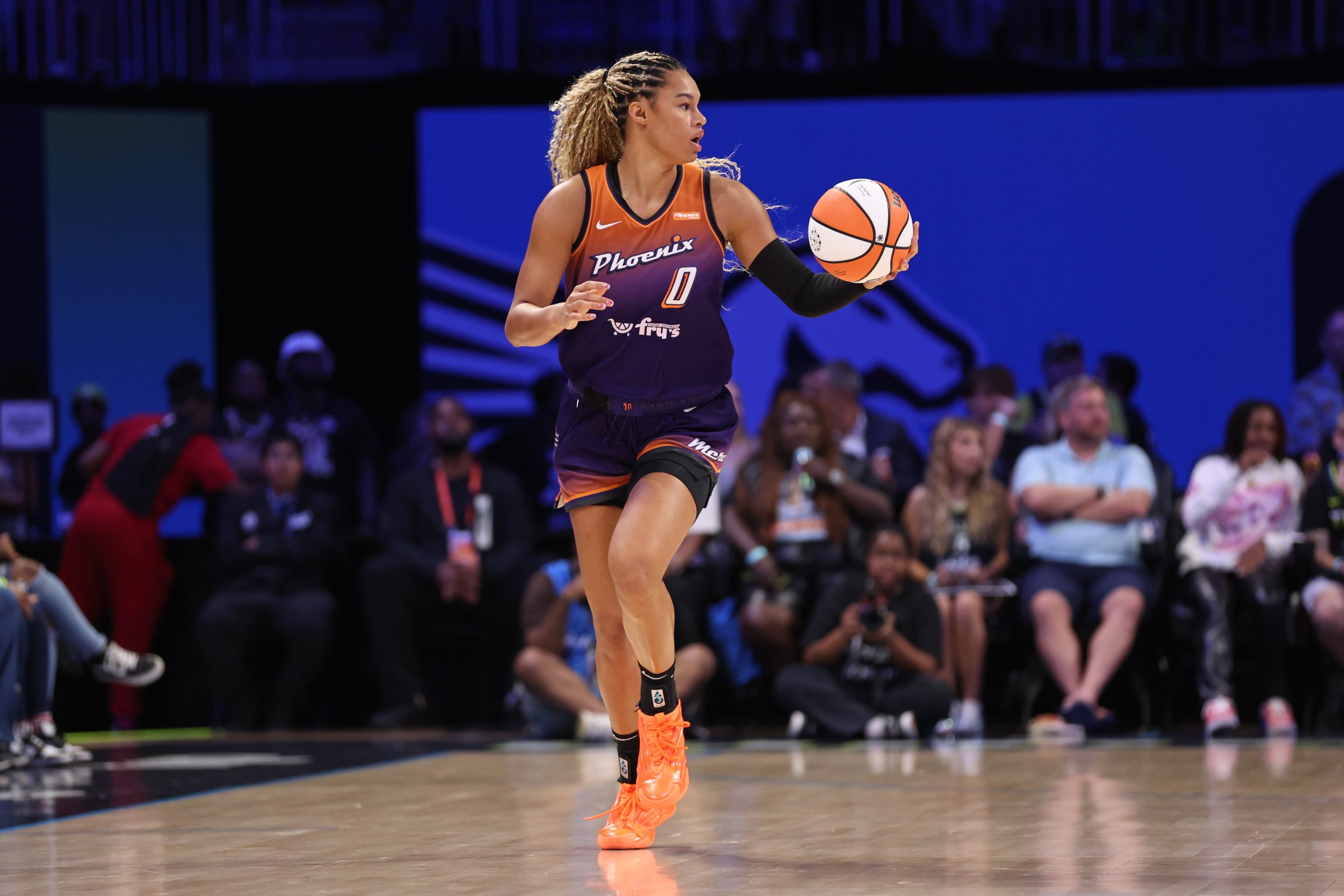 ARLINGTON, TX - SEPTEMBER 11: Satou Sabally #0 of the Phoenix Mercury handles the ball during the game against the Dallas Wings on September 11, 2025 at the College Park Center in Arlington, TX. NOTE TO USER: User expressly acknowledges and agrees that, by downloading and or using this photograph, User is consenting to the terms and conditions of the Getty Images License Agreement. Mandatory Copyright Notice: Copyright 2025 NBAE (Photo by Tim Heitman/NBAE via Getty Images)