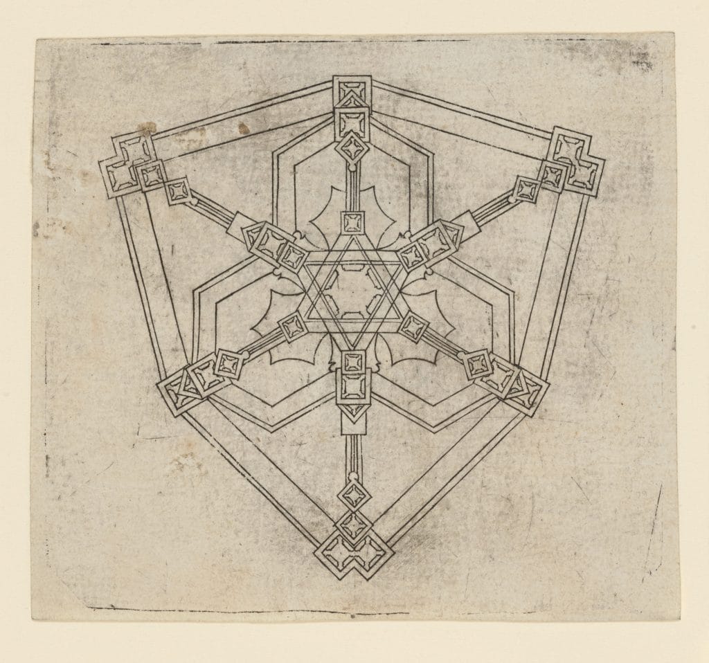  Symmetrical architectural drawing with geometric star pattern, lines forming intricate Gothic-style ceiling or vault design