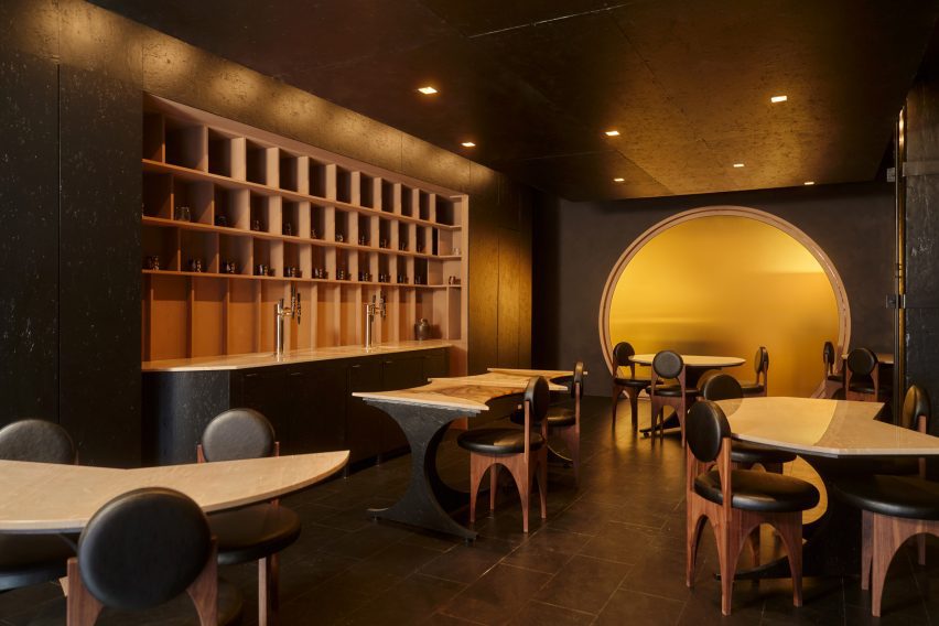 Black interiors of Gourmega restaurant in Manhattan