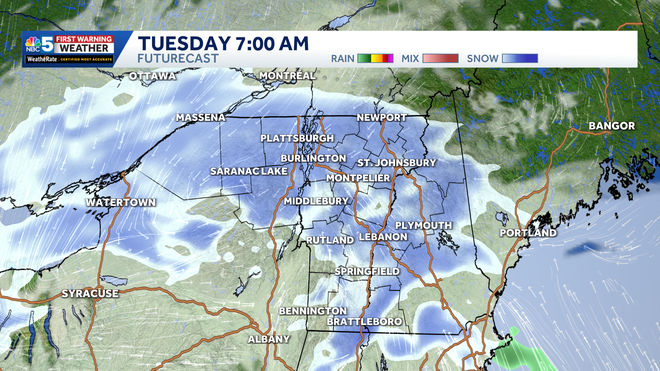 7 AM Tuesday on FutureCast, showing widespread light to locally moderate snow.