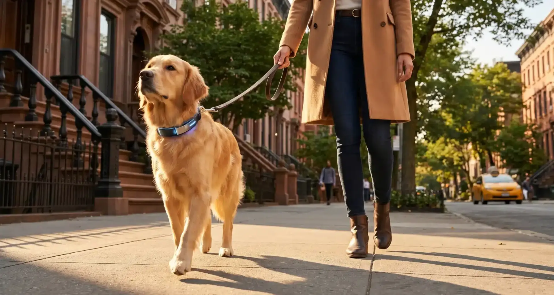 Golden retriever on a leash walking with person in urban neighborhood sidewalk during daytime