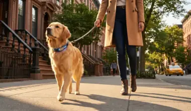 Golden retriever on a leash walking with person in urban neighborhood sidewalk during daytime