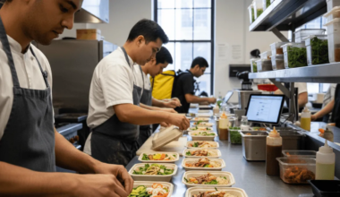 A line of chefs meticulously assemble fresh, healthy meals in compostable containers within a professional kitchen.