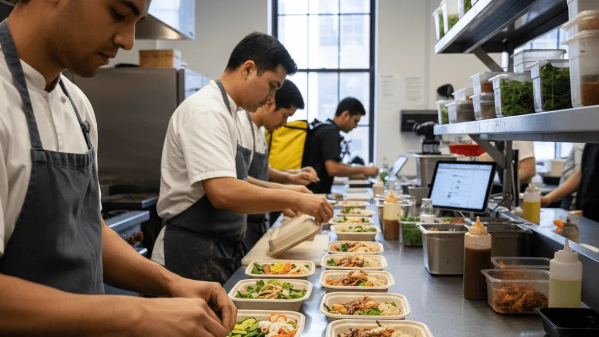 A line of chefs meticulously assemble fresh, healthy meals in compostable containers within a professional kitchen.