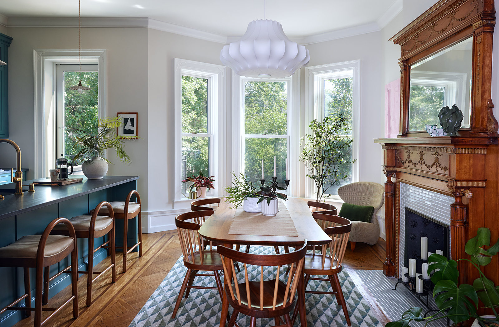 DINING ROOM MANTEL ON RIGHT KITCHEN ON LEFT BAY WINDOW