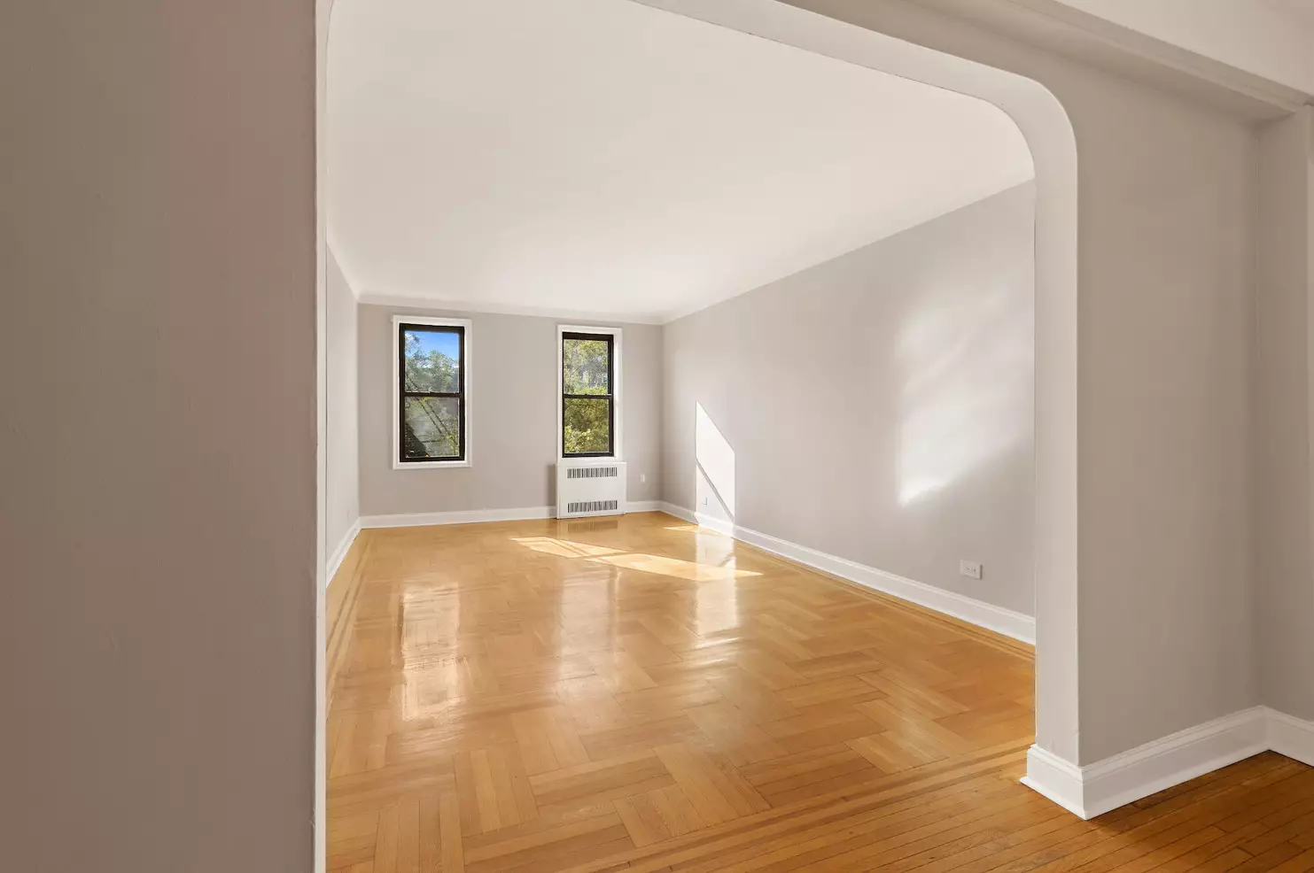 living room with wood floor, two windows