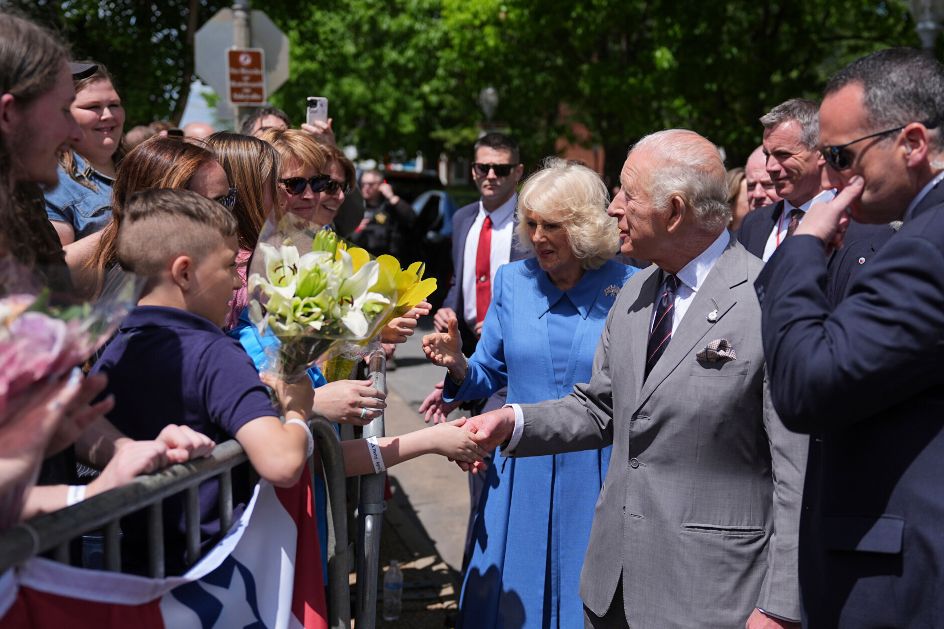 Britain's King Charles III and Queen Camilla greet people during a parade on the final day of their state visit, Thursday, April 30, 2026 in Front Royal, Va.(AP Photo/Matt Rourke, Pool)