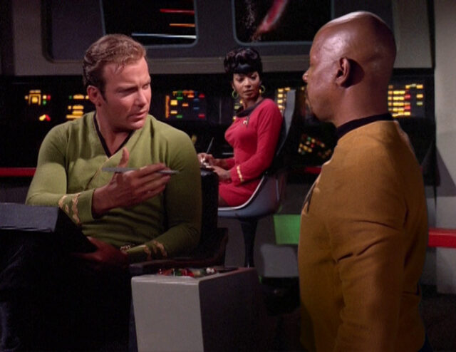 Kirk meeting Sisko in DS9's "Trials and Tribble-ations"