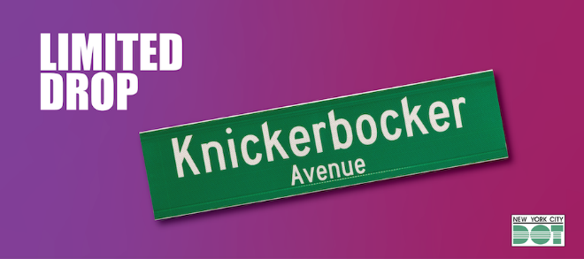 Green and white sign of Knickerbocker Avenue. N Y C D O T limited drop.