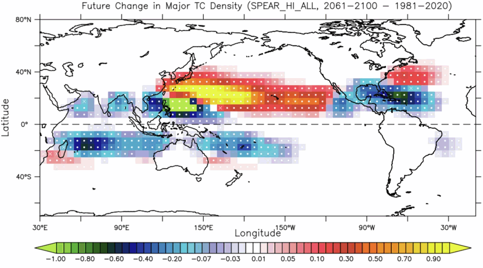 A world map showing colored squares where tropical cyclones could occur 