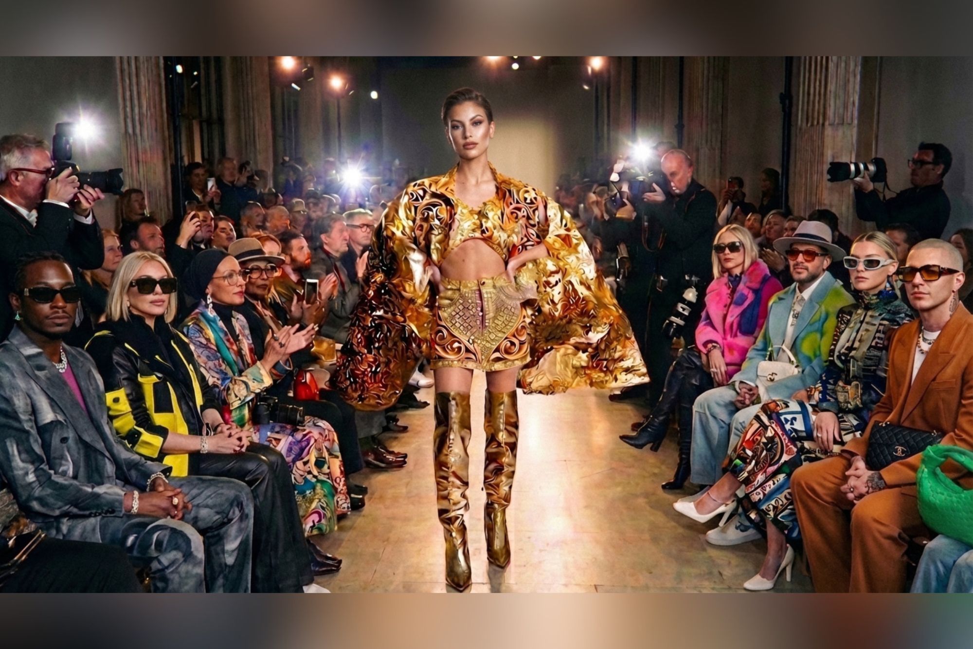 A model walks the runway in a gold outfit inspired by Marko Stout's artwork.